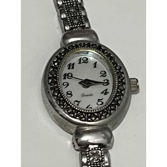 Vintage Stainless Steel Quartz Stud Watch Black Gunmetal mother of Pearl - Picture 6 of 6